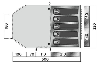 Layout diagram of a spacious caravan awning with sleeping areas and dimensions for outdoor camping adventures.