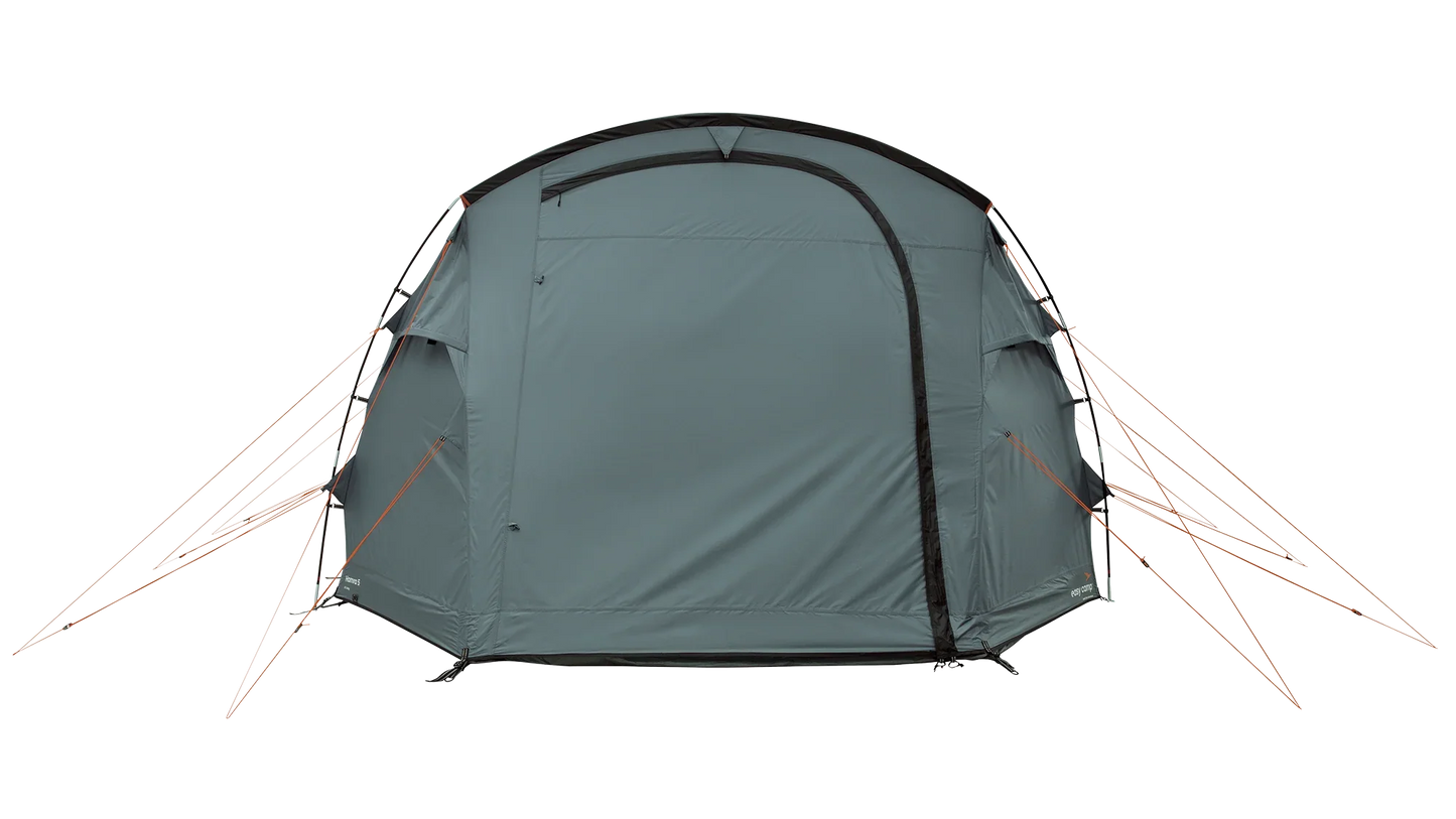 Grey family camping tent with orange guy lines, ideal for outdoor adventures and caravanning trips