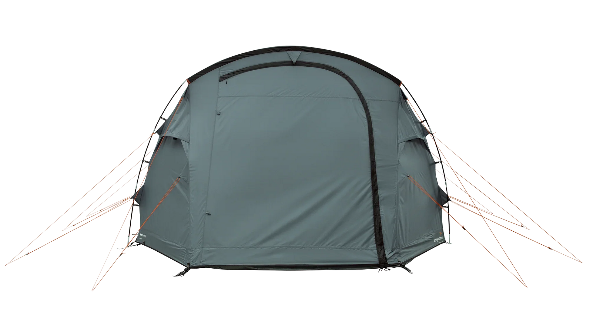 Grey family camping tent with orange guy lines, ideal for outdoor adventures and caravanning trips