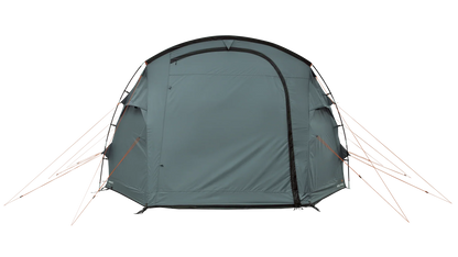 Grey family camping tent with orange guy lines, ideal for outdoor adventures and caravanning trips