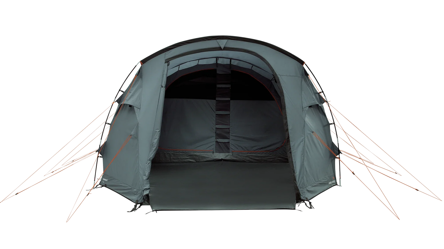 Grey family camping tent with orange guy lines, ideal for outdoor adventures and caravanning trips.