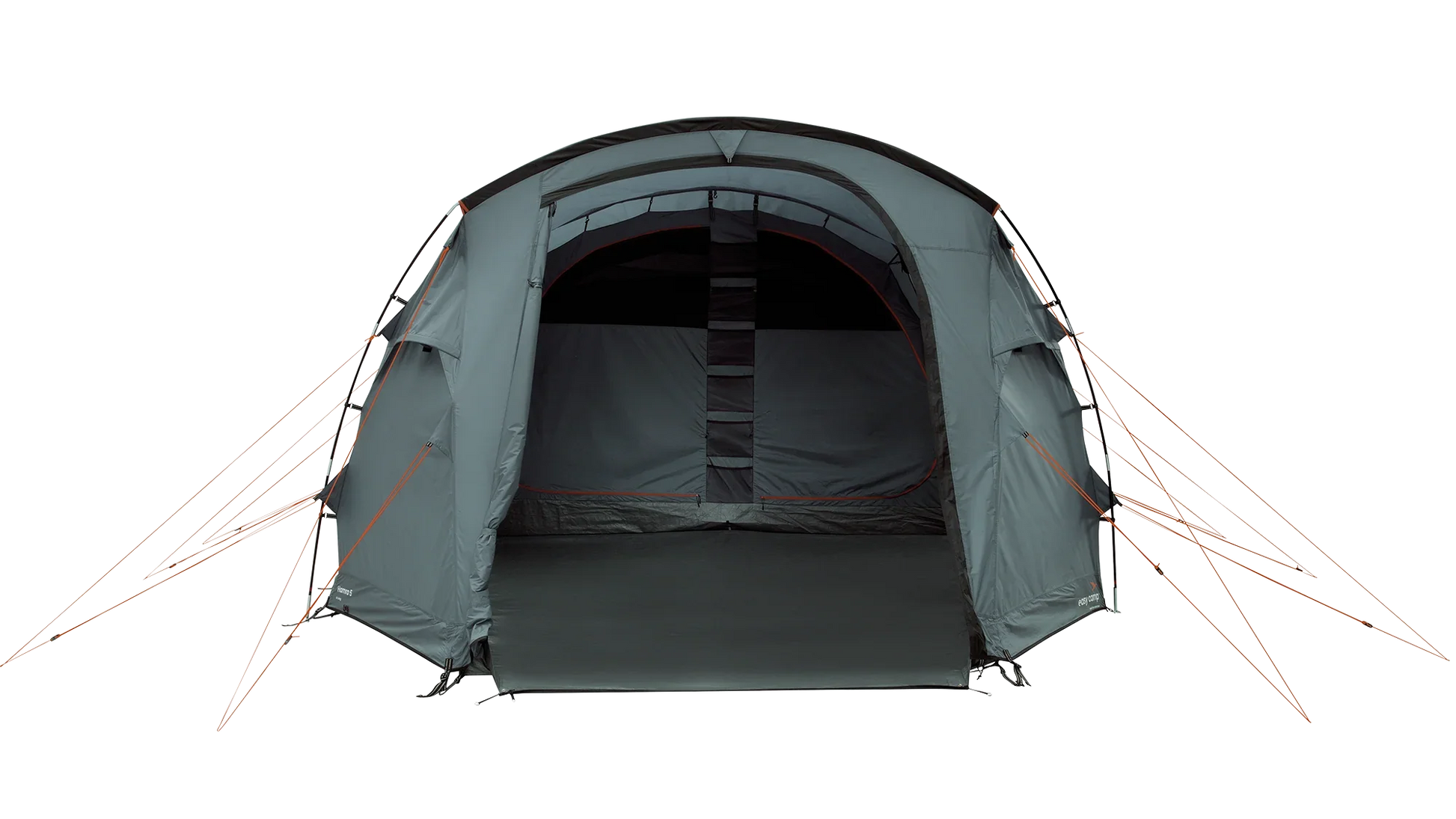 Grey family camping tent with orange guy lines, ideal for outdoor adventures and caravanning trips.