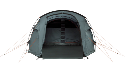 Grey family camping tent with orange guy lines, ideal for outdoor adventures and caravanning trips.