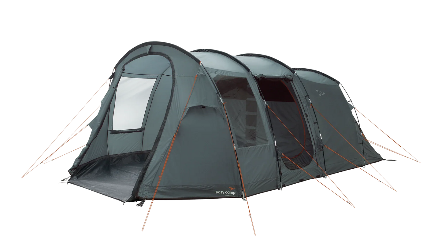 Large gray camping tent with orange guy lines, ideal for outdoor adventures and family camping trips.