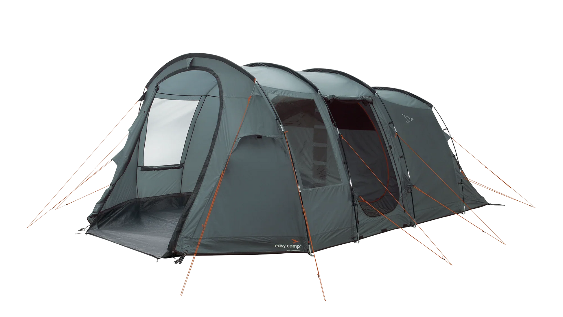 Large gray camping tent with orange guy lines, ideal for outdoor adventures and family camping trips.