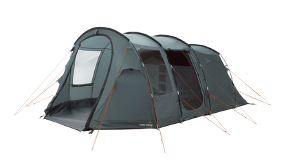 Large gray camping tent with orange guy lines, ideal for outdoor adventures and family camping trips.