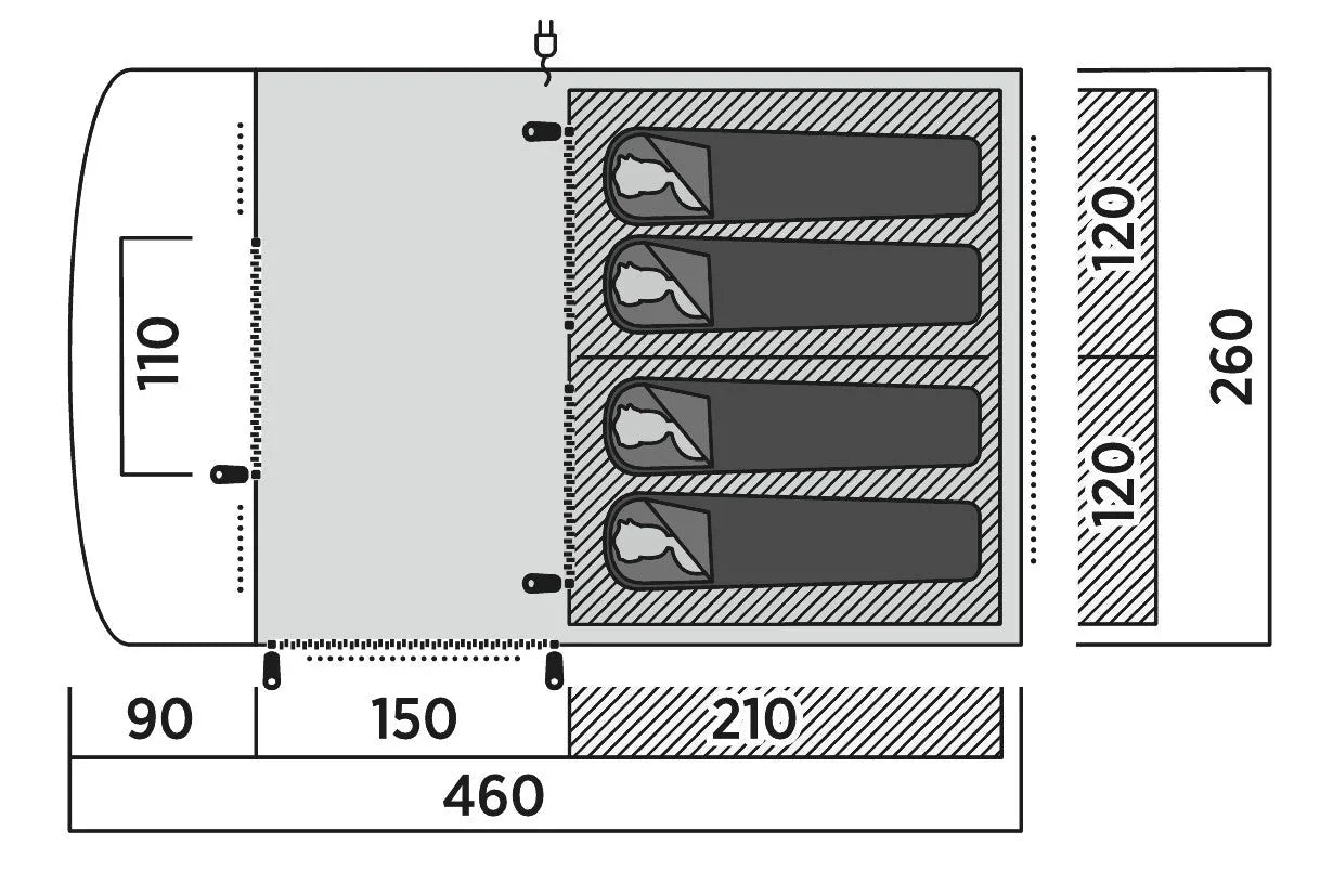 Motorhome awning floor plan with 4 sleeping areas, dimensions shown for camping setup