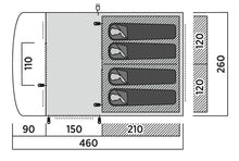 Motorhome awning floor plan with 4 sleeping areas, dimensions shown for camping setup
