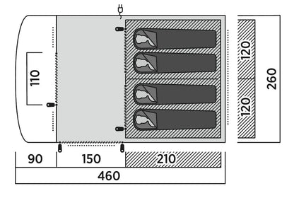 Motorhome awning floor plan with 4 sleeping areas, dimensions shown for camping setup