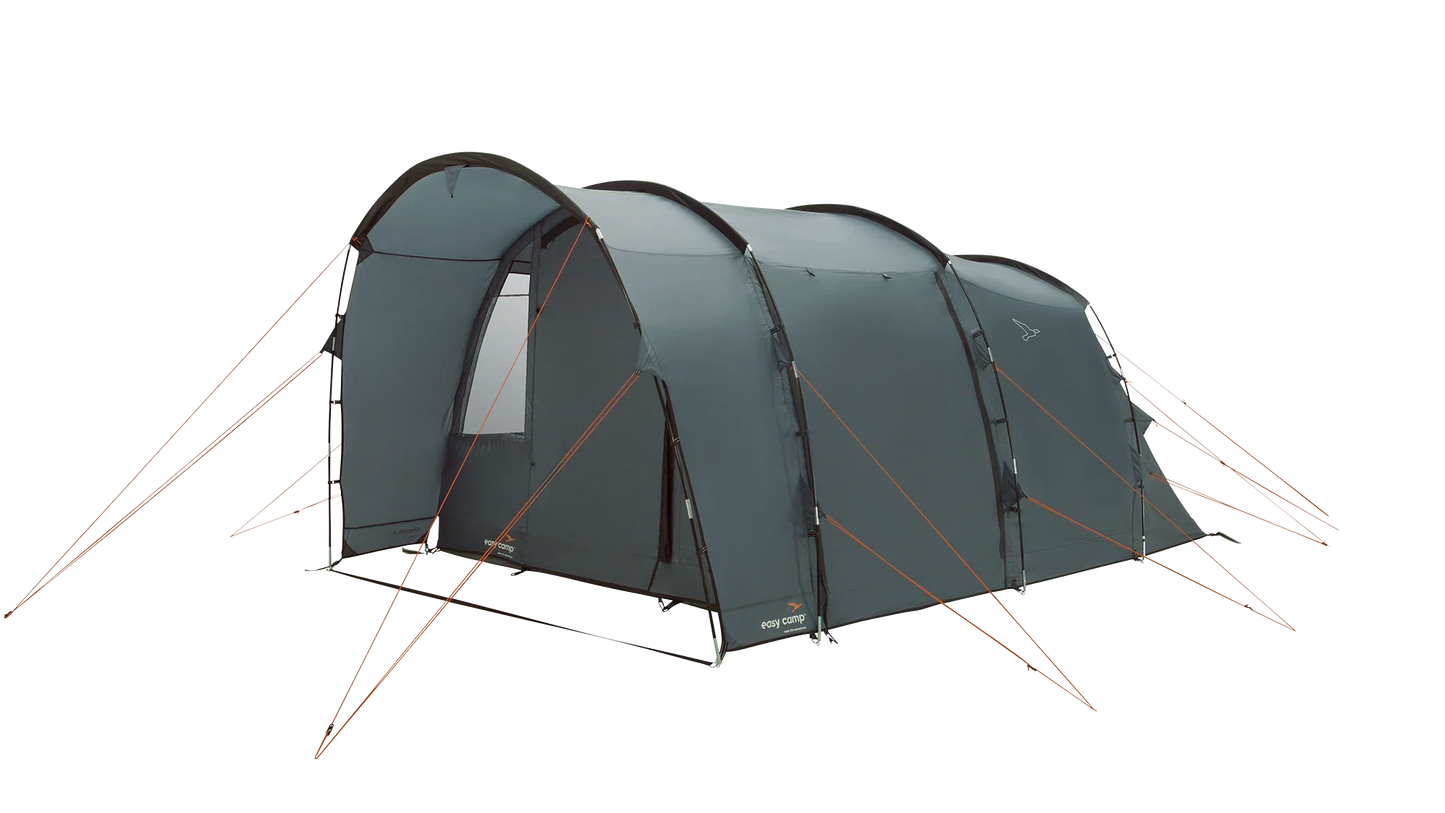 Large gray camping tent with orange guy lines, ideal for outdoor adventures and family camping trips.