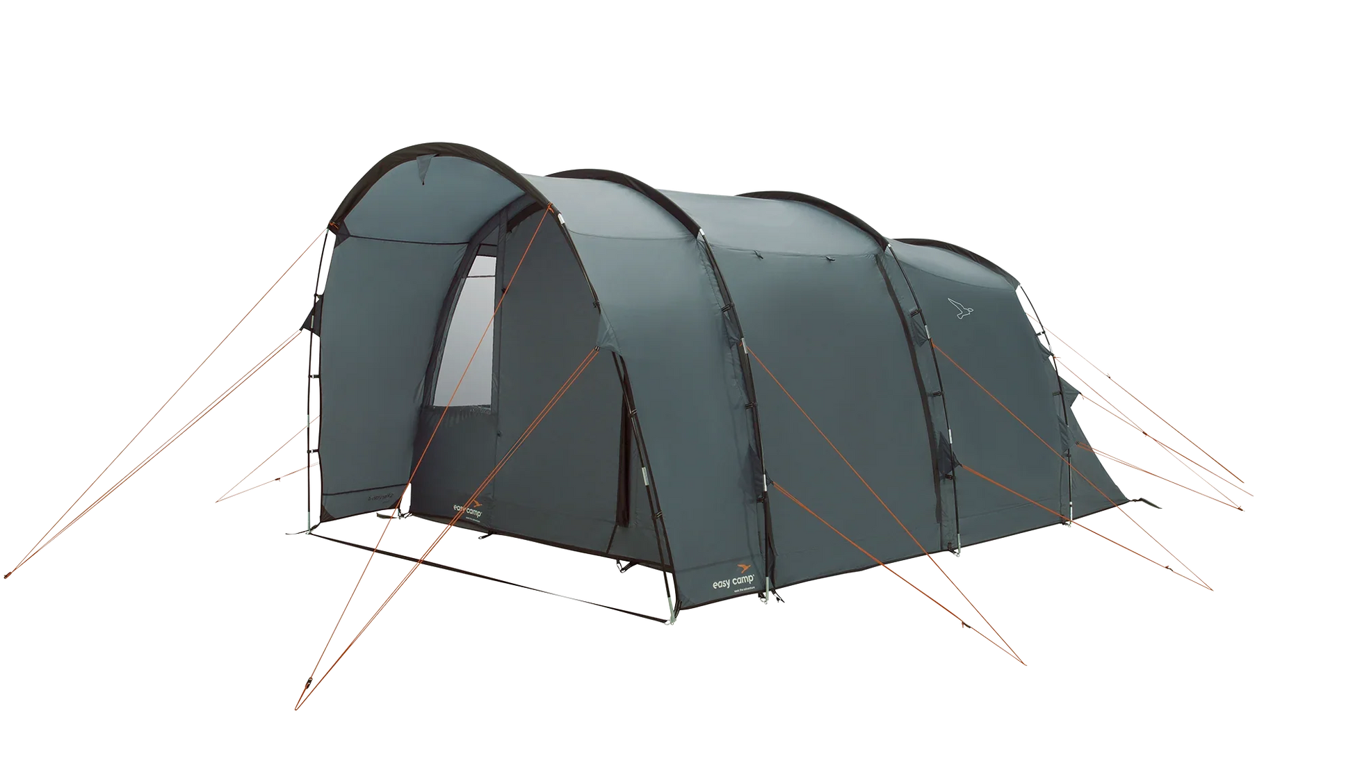 Large gray camping tent with orange guy lines, ideal for outdoor adventures and family camping trips.