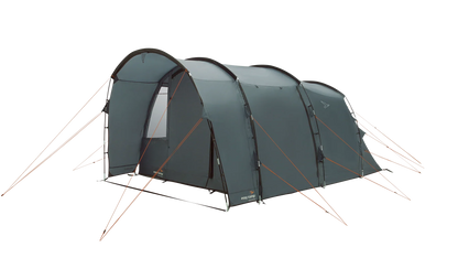 Large gray camping tent with orange guy lines, ideal for outdoor adventures and family camping trips.