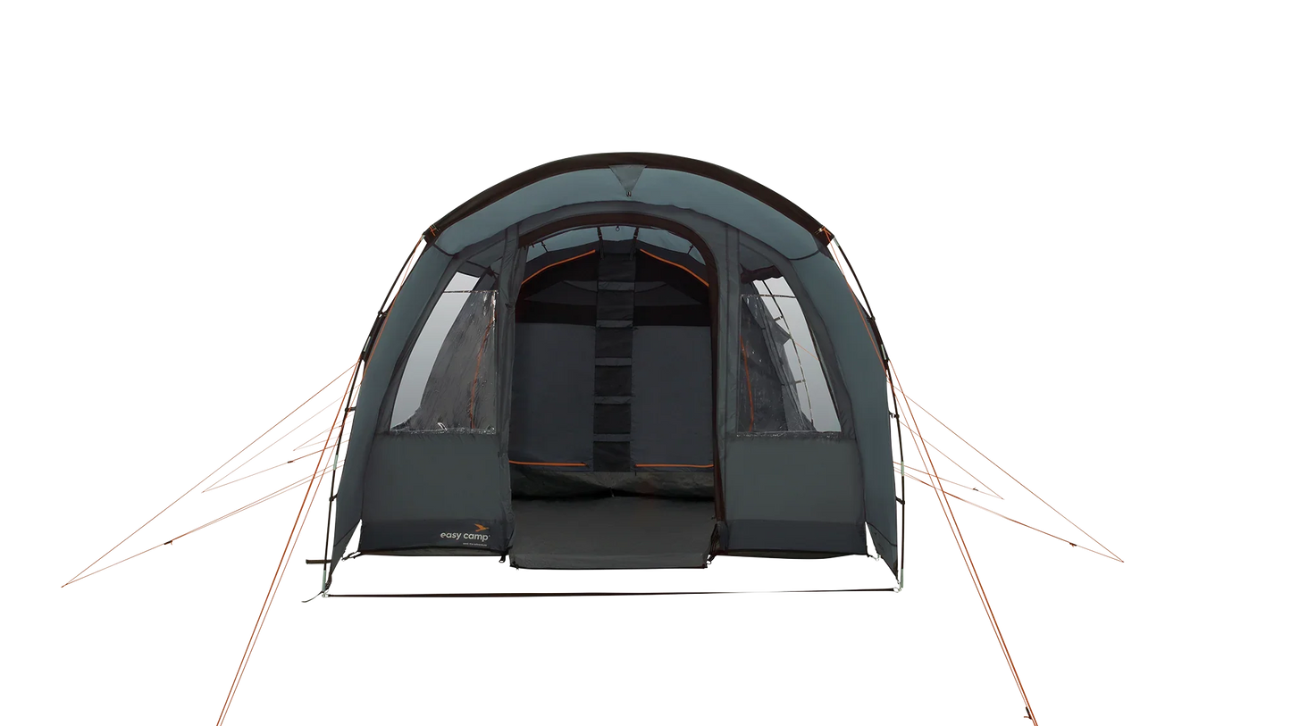 Easy Camp tent with spacious interior, mesh windows, and orange guy lines for outdoor camping adventures.