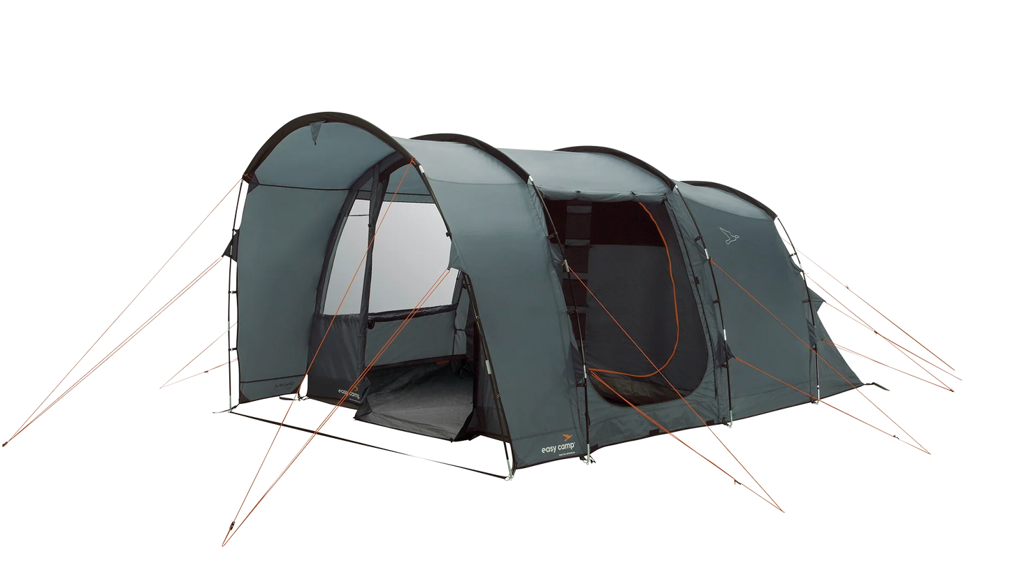 Easy Camp family tent with mesh windows and orange guy lines for camping adventures