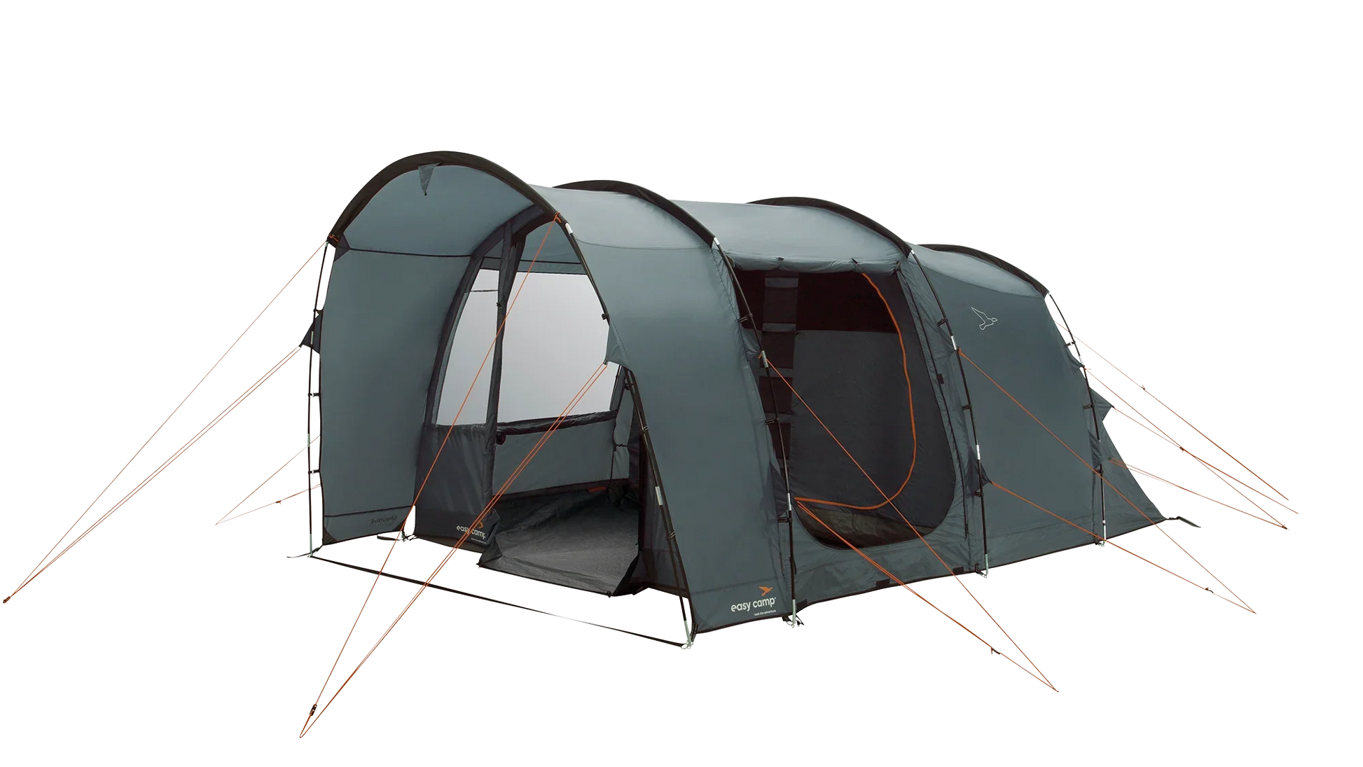 Easy Camp family tent with mesh windows and orange guy lines for camping adventures