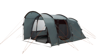 Easy Camp family tent with mesh windows and orange guy lines for camping adventures