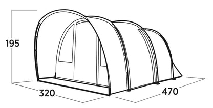 Large camping tent dimensions: 470cm x 320cm x 195cm, ideal for outdoor adventures and caravanning trips.