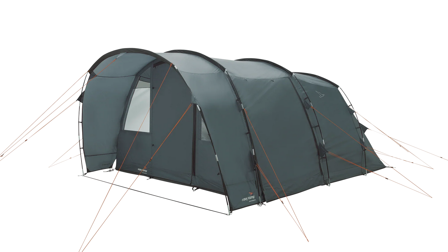 Large gray camping tent with orange guy lines, ideal for outdoor adventures and family camping trips.