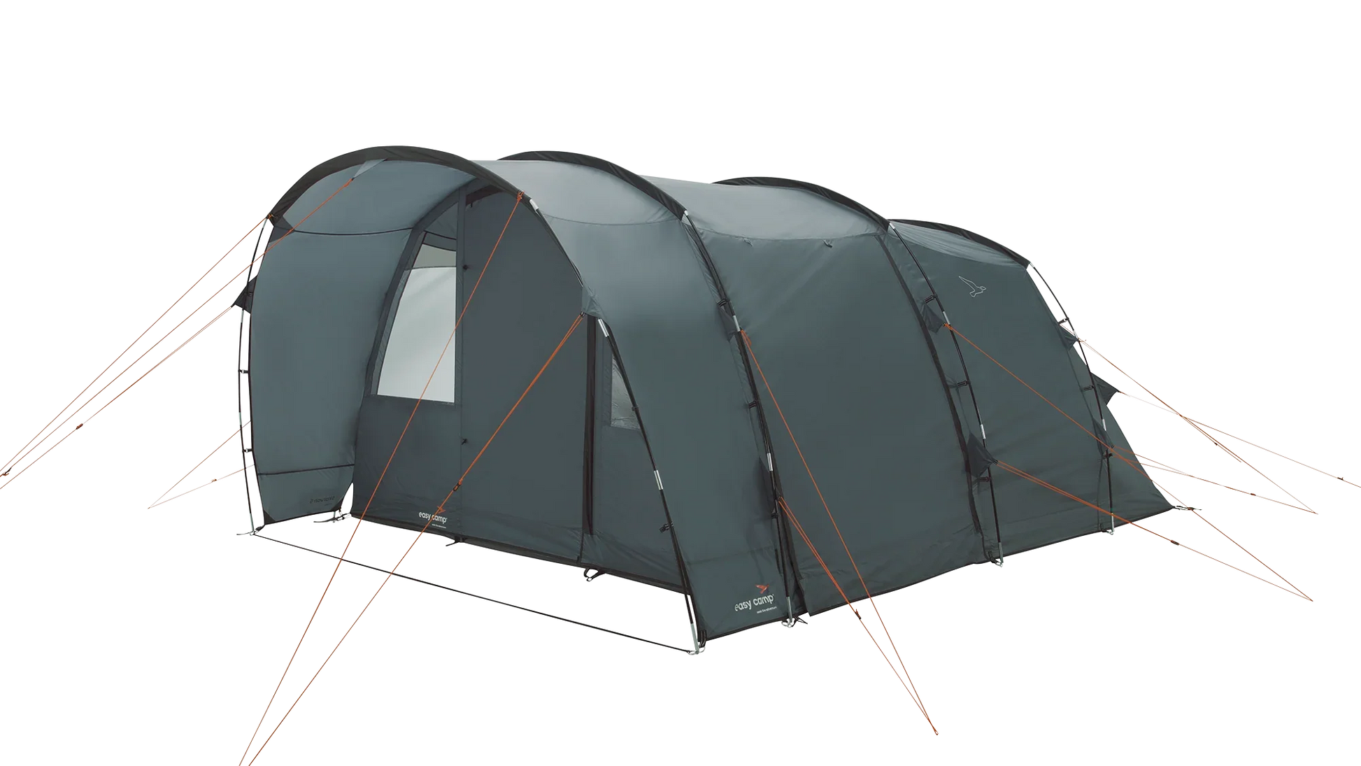 Large gray camping tent with orange guy lines, ideal for outdoor adventures and family camping trips.