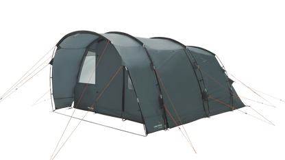 Large gray camping tent with orange guy lines, ideal for outdoor adventures and family camping trips.