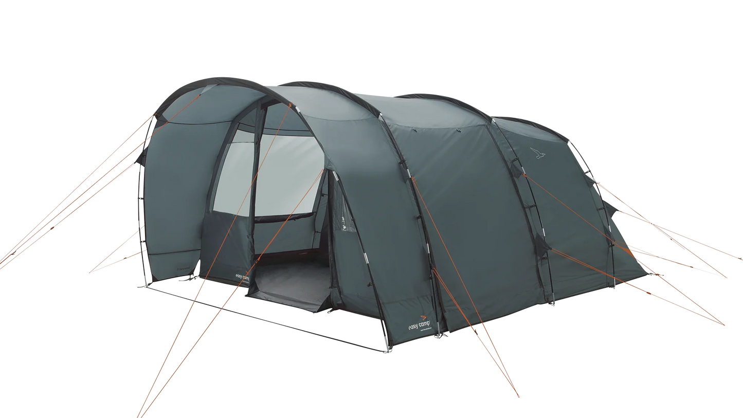 Easy Camp grey family camping tent with orange guy lines, ideal for outdoor adventures and caravanning trips.