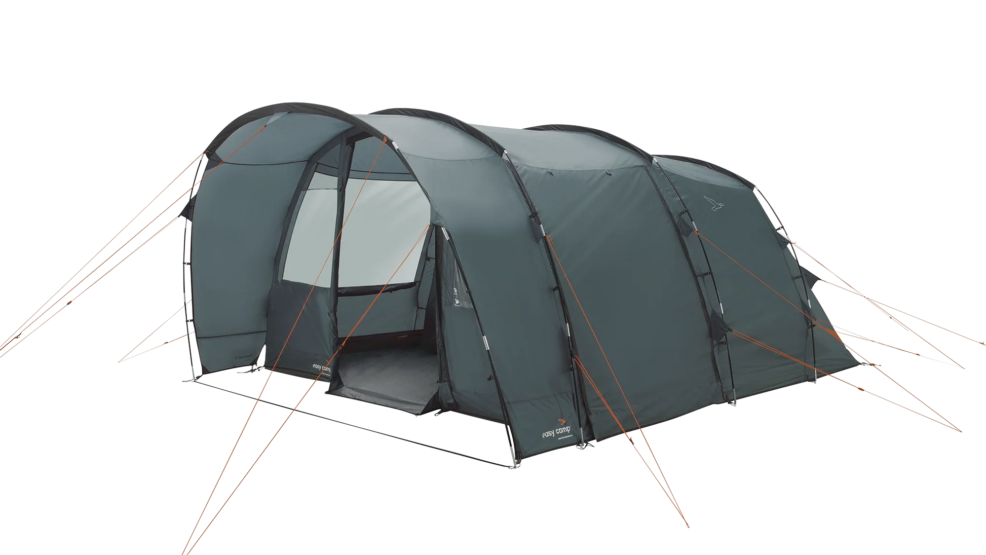 Easy Camp grey family camping tent with orange guy lines, ideal for outdoor adventures and caravanning trips.