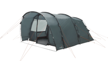 Easy Camp grey family camping tent with orange guy lines, ideal for outdoor adventures and caravanning trips.