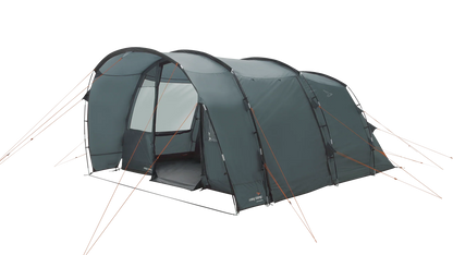 Easy Camp grey family camping tent with orange guy lines, ideal for outdoor adventures and caravanning trips.