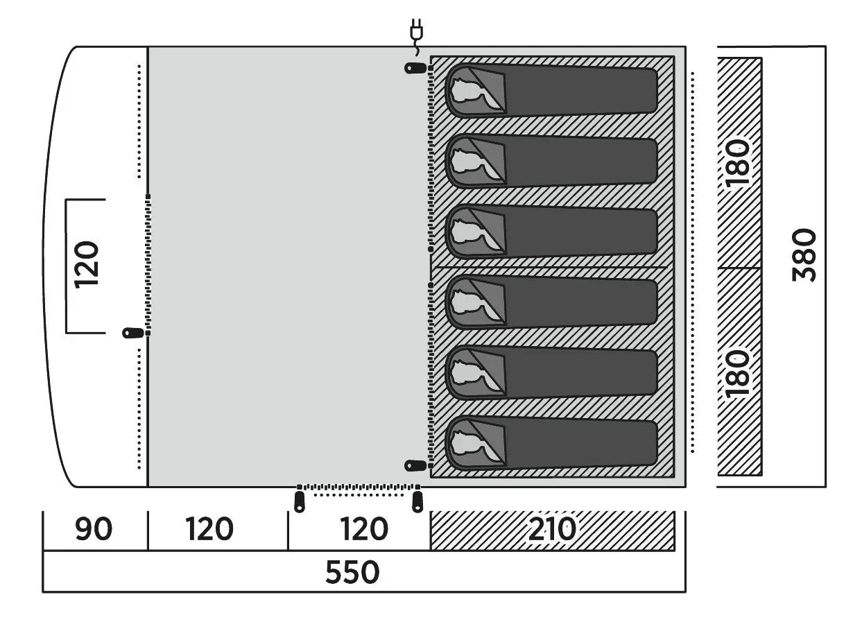 Diagram showing motorhome awning layout with sleeping areas and dimensions for camping setup