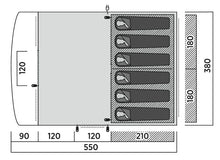 Diagram showing motorhome awning layout with sleeping areas and dimensions for camping setup