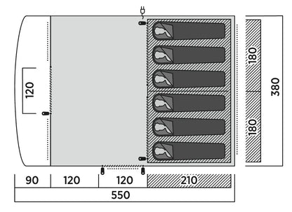 Diagram showing motorhome awning layout with sleeping areas and dimensions for camping setup