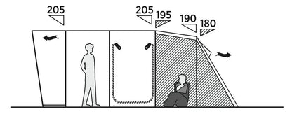 Diagram showing tent dimensions with standing and sitting space for camping gear