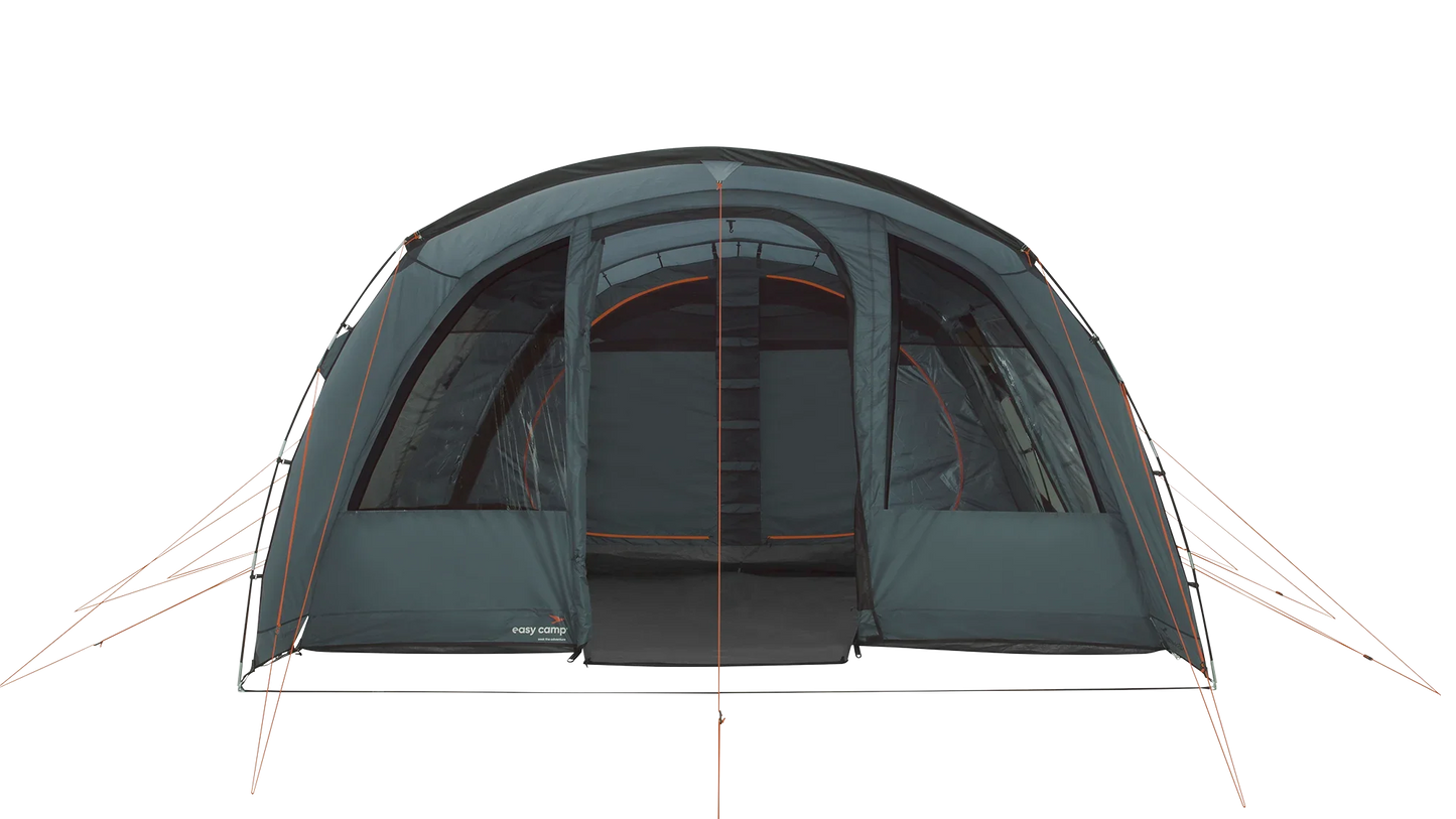 Easy Camp family camping tent with mesh windows and orange accents, ideal for outdoor adventures