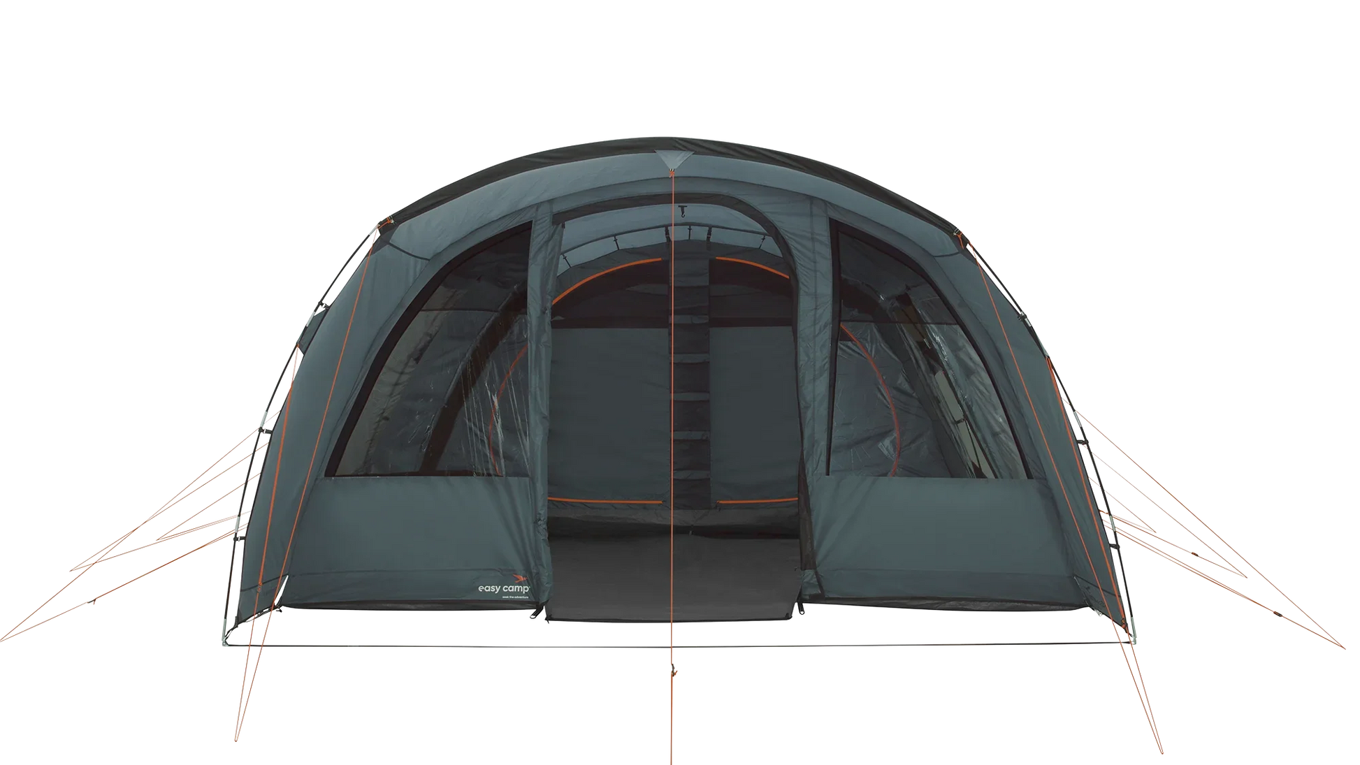 Easy Camp family camping tent with mesh windows and orange accents, ideal for outdoor adventures