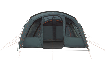 Easy Camp family camping tent with mesh windows and orange accents, ideal for outdoor adventures