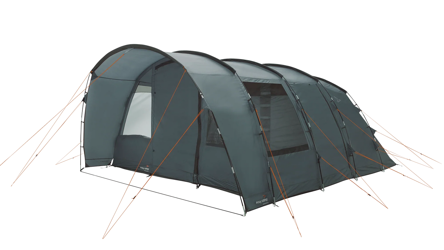 Large gray camping tent with orange guy lines, ideal for outdoor adventures and family camping trips.