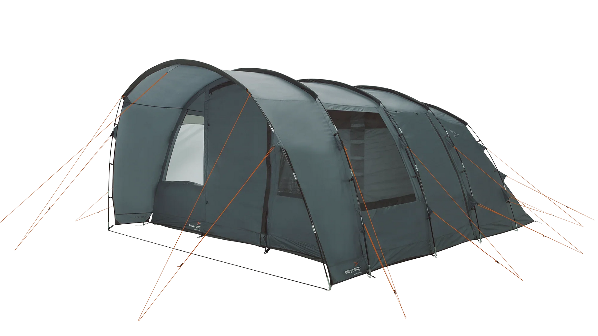 Large gray camping tent with orange guy lines, ideal for outdoor adventures and family camping trips.