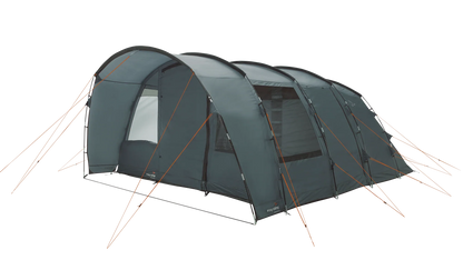 Large gray camping tent with orange guy lines, ideal for outdoor adventures and family camping trips.