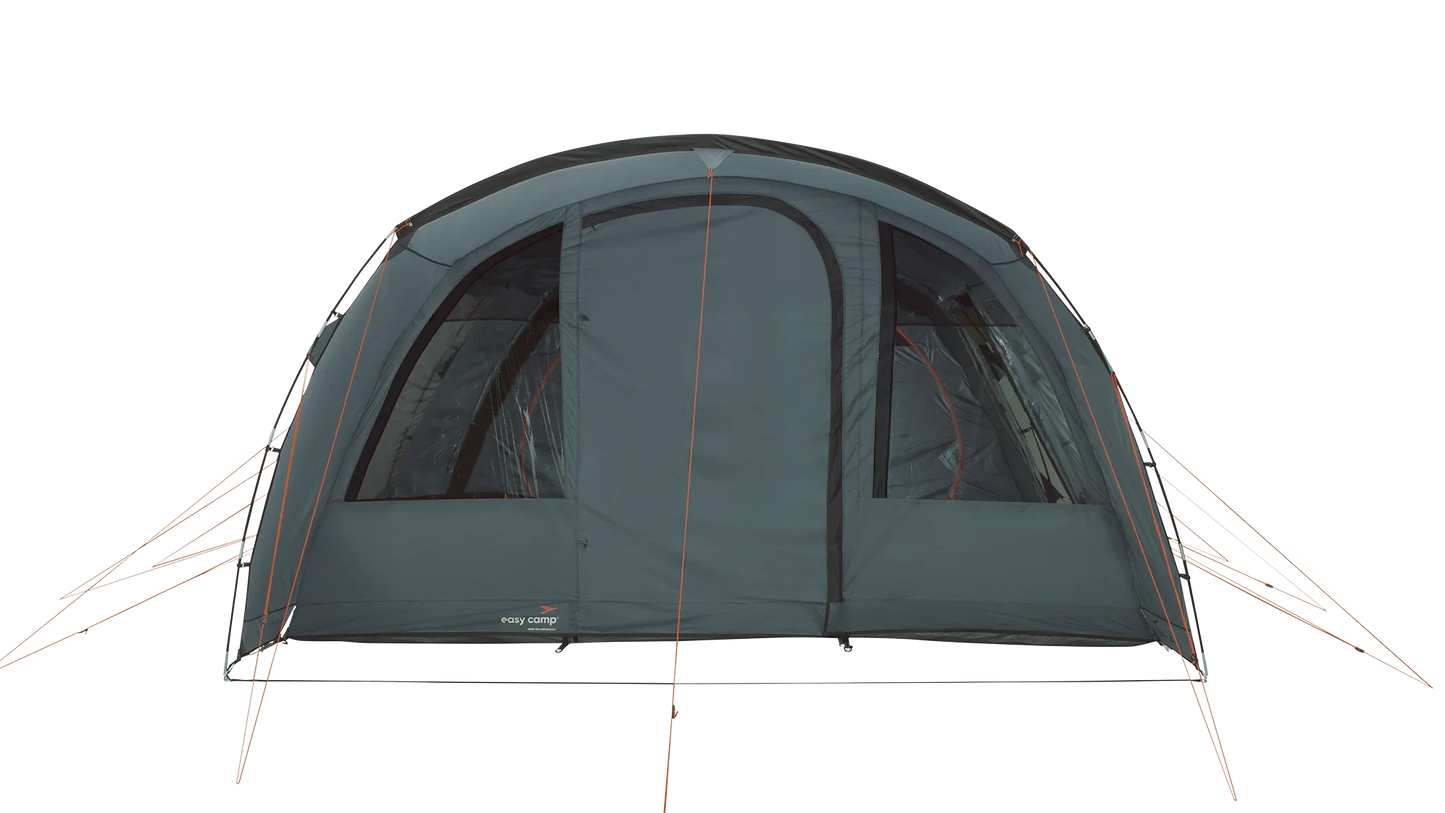 Easy Camp family camping tent with large windows and orange guy lines for outdoor adventures