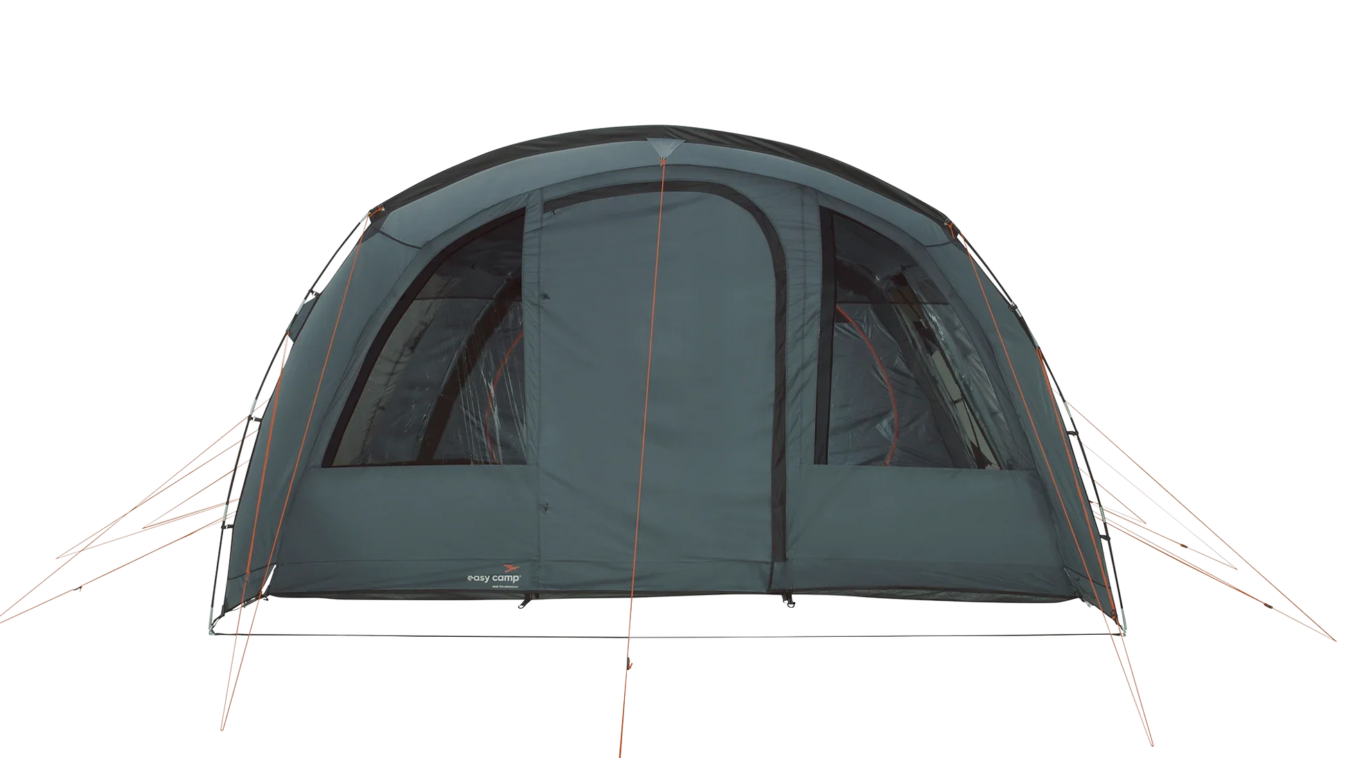 Easy Camp family camping tent with large windows and orange guy lines for outdoor adventures