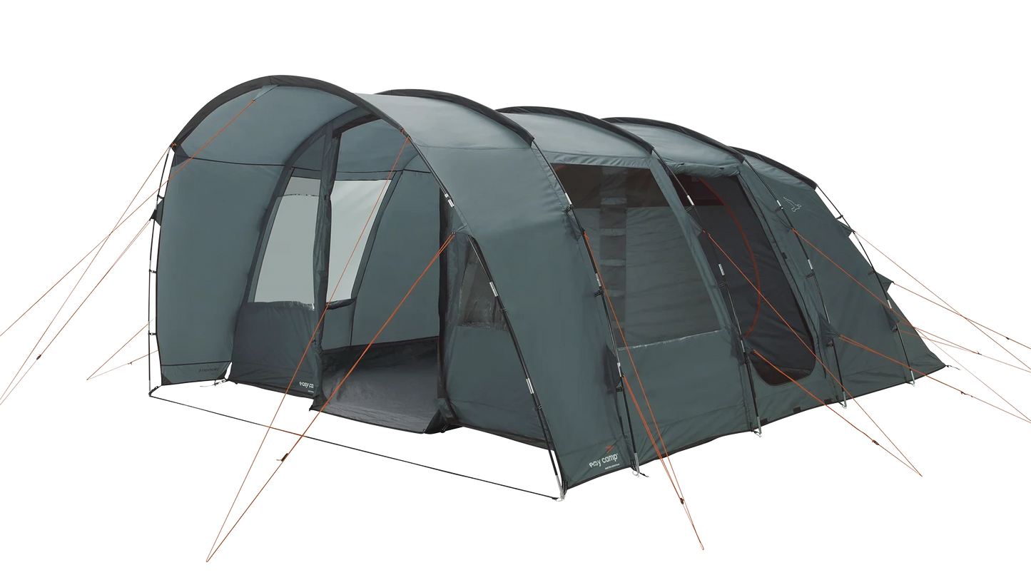 Large gray camping tent with orange guy lines, ideal for outdoor adventures and family camping trips.