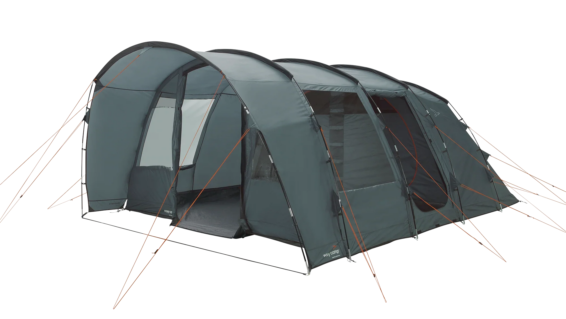 Large gray camping tent with orange guy lines, ideal for outdoor adventures and family camping trips.