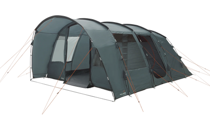 Large gray camping tent with orange guy lines, ideal for outdoor adventures and family camping trips.