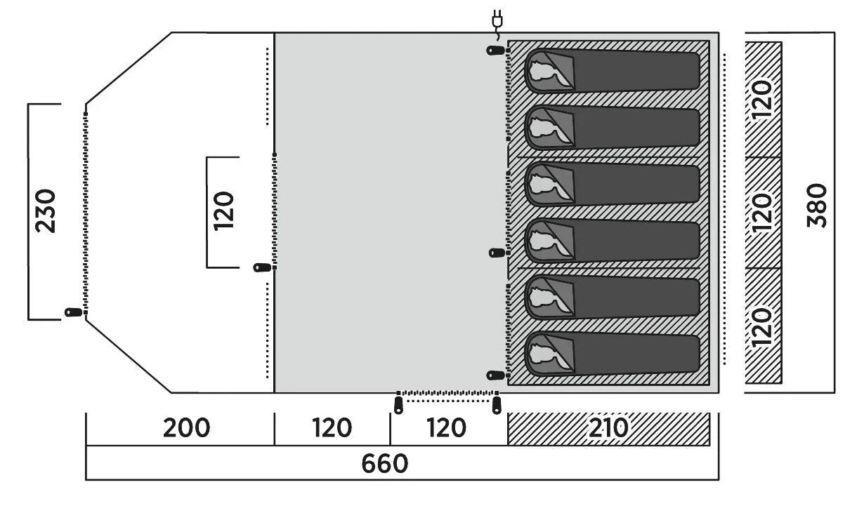Motorhome awning floor plan with 6 sleeping spots, dimensions 660x380cm, ideal for camping trips
