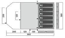 Motorhome awning floor plan with 6 sleeping spots, dimensions 660x380cm, ideal for camping trips