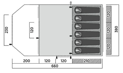 Motorhome awning floor plan with 6 sleeping spots, dimensions 660x380cm, ideal for camping trips