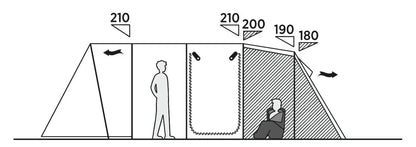 Diagram showing tent dimensions with standing and sitting space for camping gear