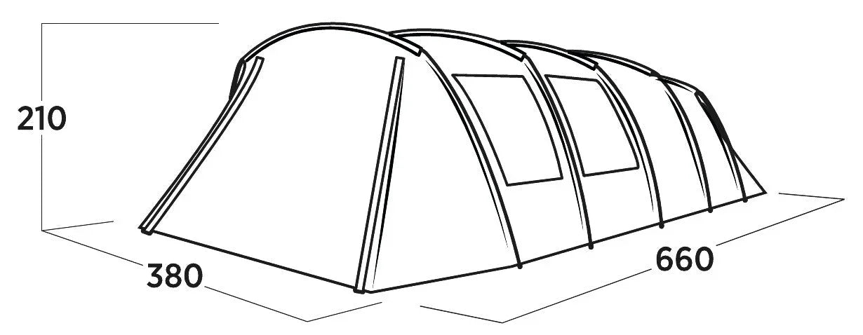 Large family camping tent with dimensions 660x380x210 cm, ideal for outdoor adventures