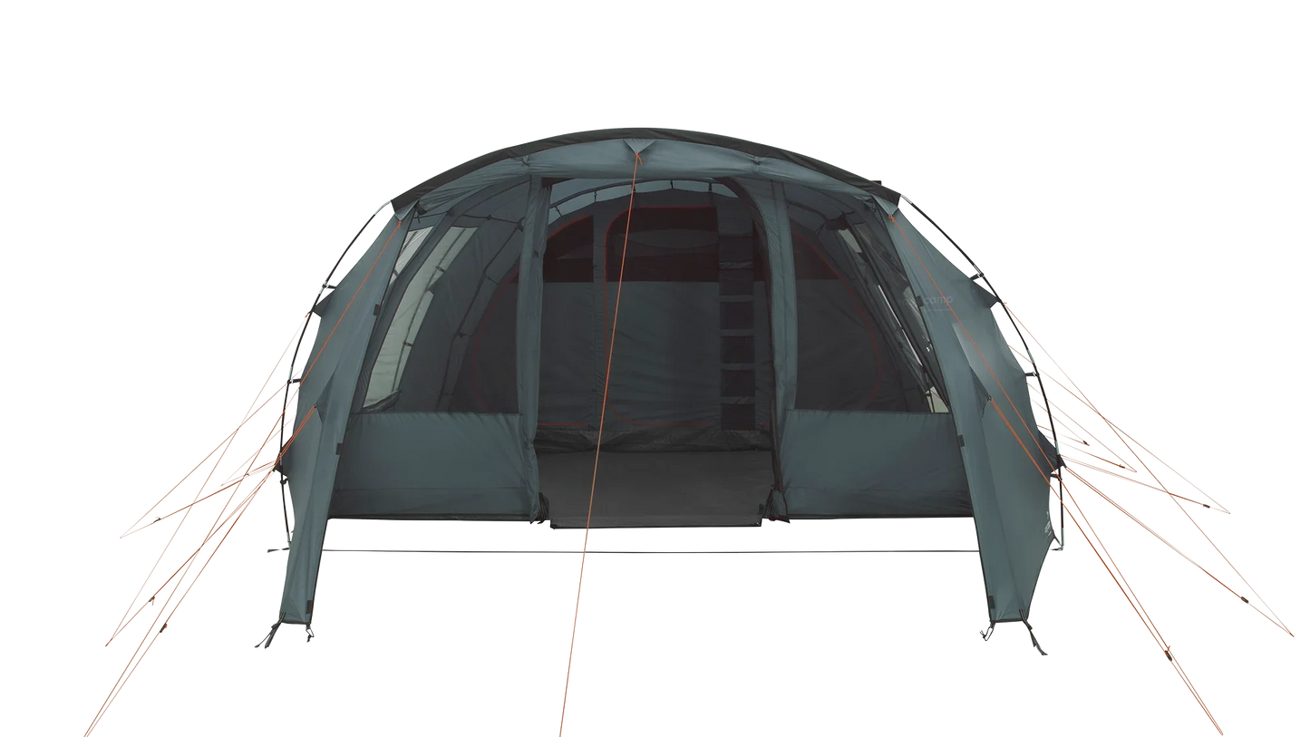 Large family camping tent with mesh windows and orange guy lines for outdoor adventures
