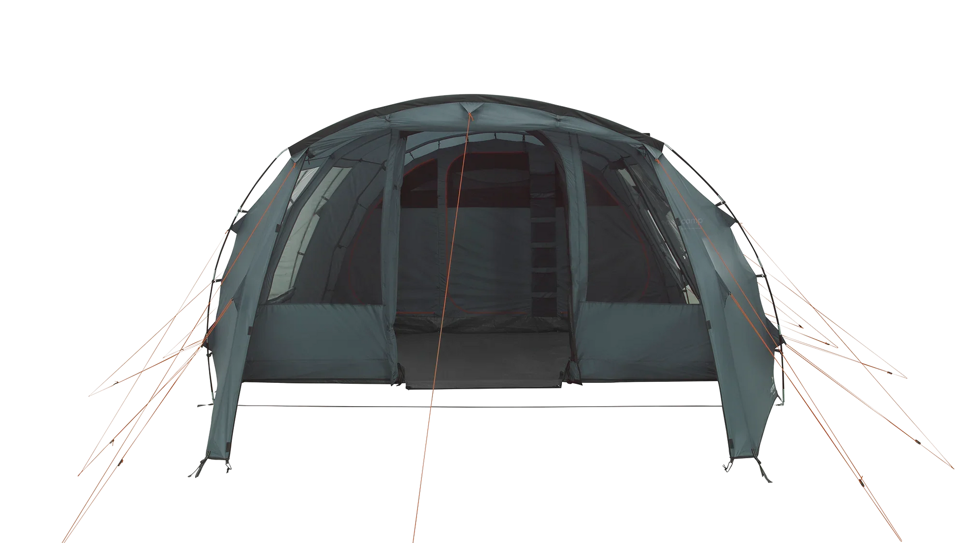 Large family camping tent with mesh windows and orange guy lines for outdoor adventures